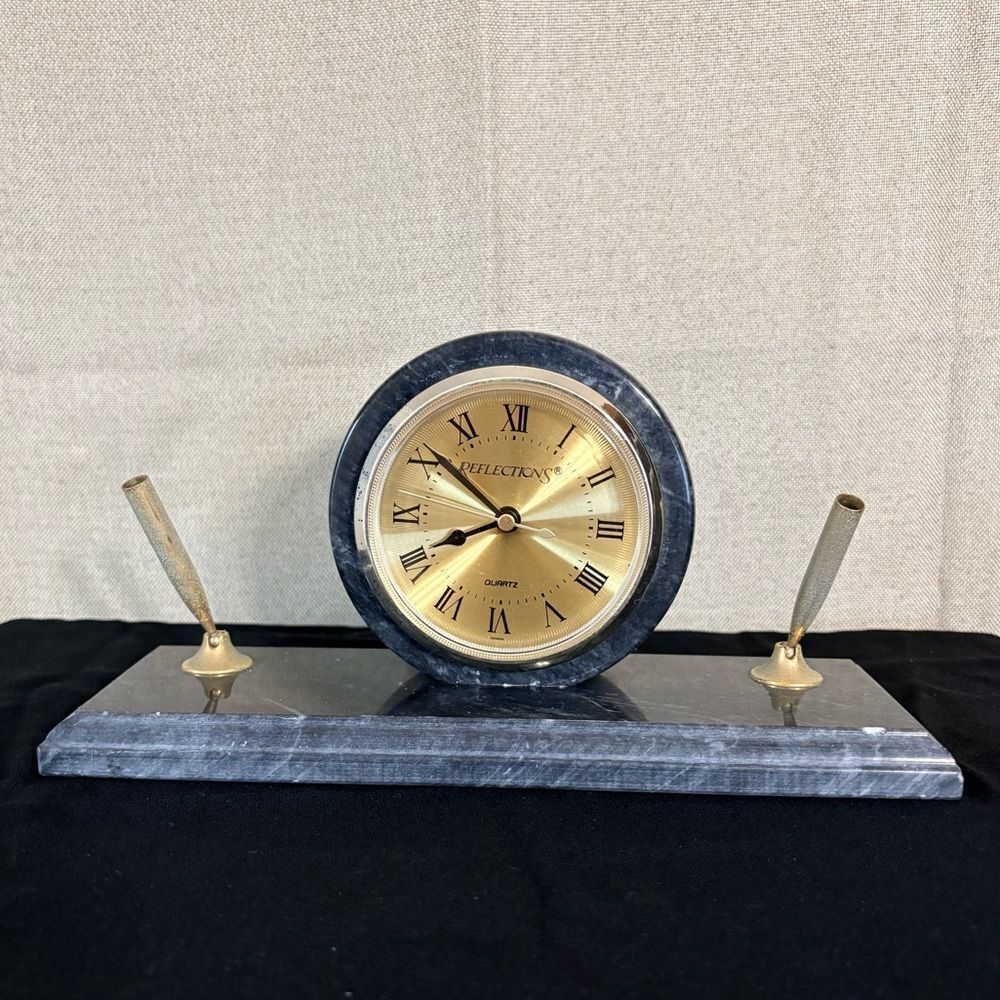 Reflections Marble Desk Clock Pen Holder Gold Tone Quartz Executive Office Decor